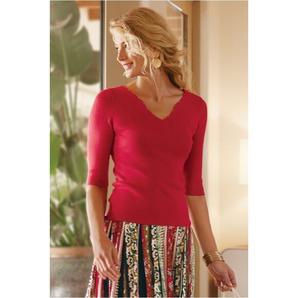 Soft Surroundings Pimi Sweater Medium Red V-Neck Gold Beads - Picture 2 of 16